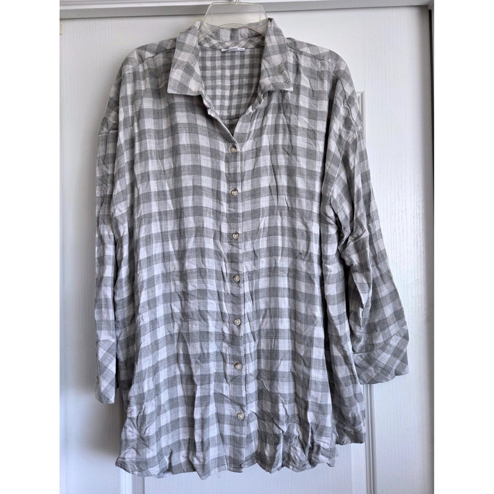 J. Jill Grey White Gingham Plaid Button Down Shirt Long Sleeve Sz 2X Pockets